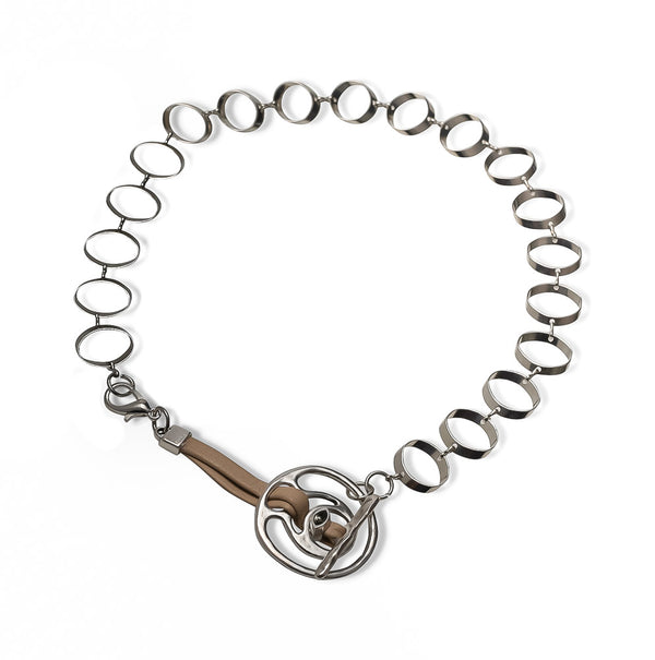 Brass silver-plated necklace with metal clasp and leather KN-1003​