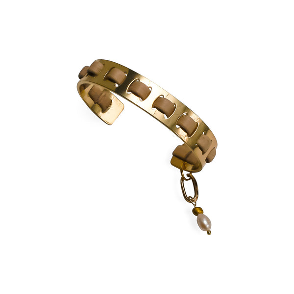 Brass metal bracelet with soft interwoven leather KB-105​