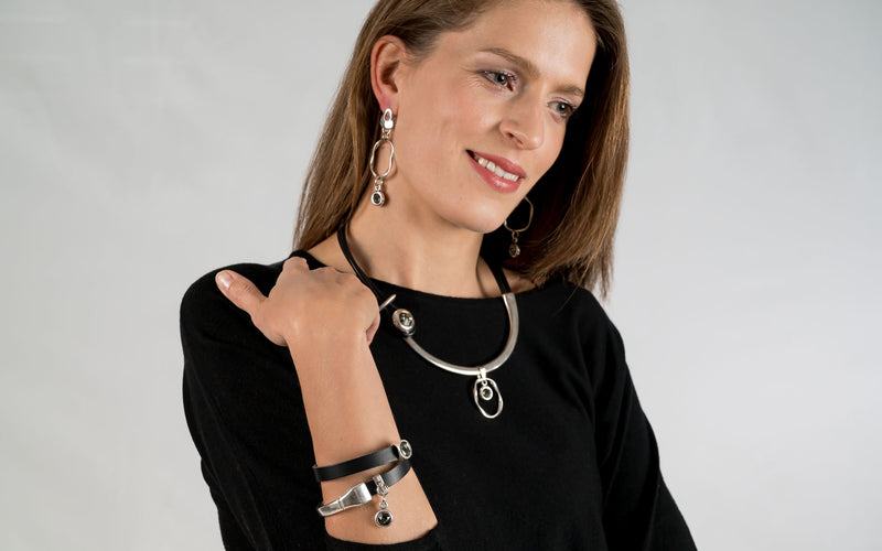 Soft black leather bracelet with Swarovski stones KB-111​